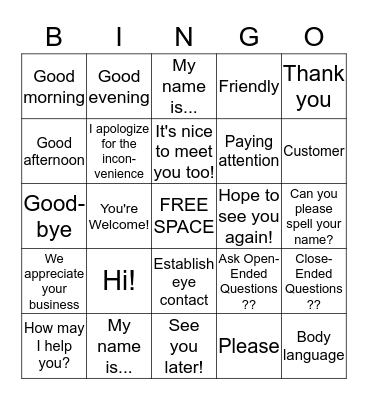 Customer Service BINGO! Bingo Card