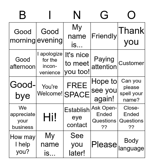 Customer Service BINGO! Bingo Card