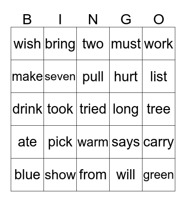 Sight Word  Bingo Card