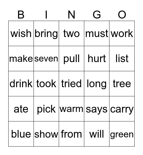 Sight Word  Bingo Card