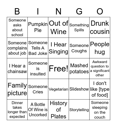 Thanksgiving Family Bingo Card