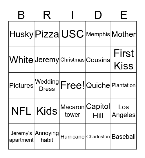 Remi's Bridal Shower! Bingo Card