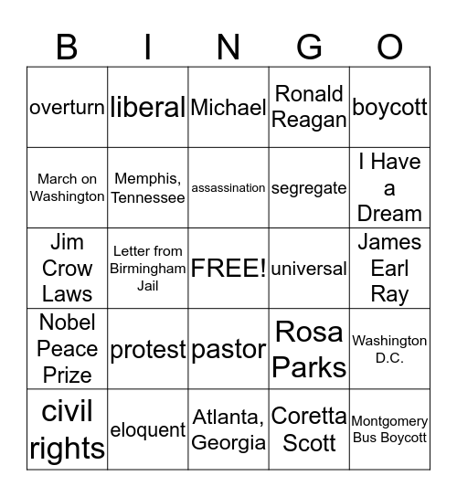 Martin Luther King, Jr. Bingo Card