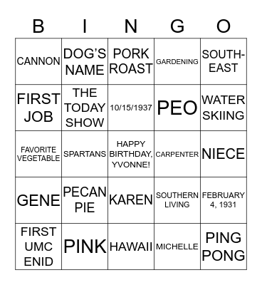 YVONNE’S 80th BIRTHDAY BINGO Card