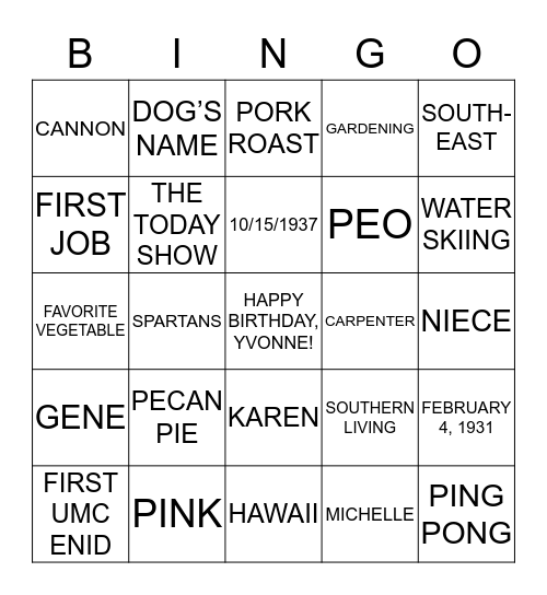 YVONNE’S 80th BIRTHDAY BINGO Card