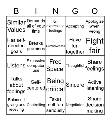 Healthy Relationships BINGO Card