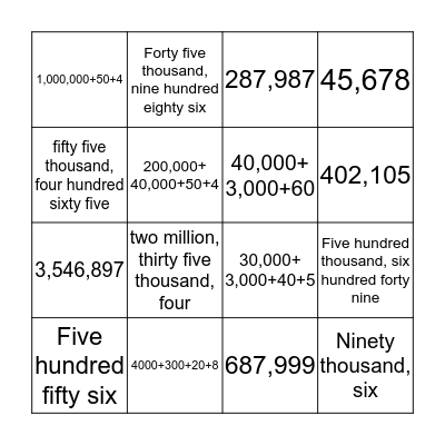 Place Value Bingo Card