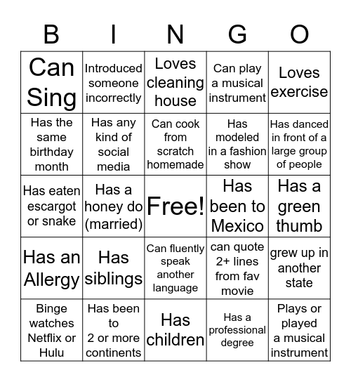 Mingle Bingo Card