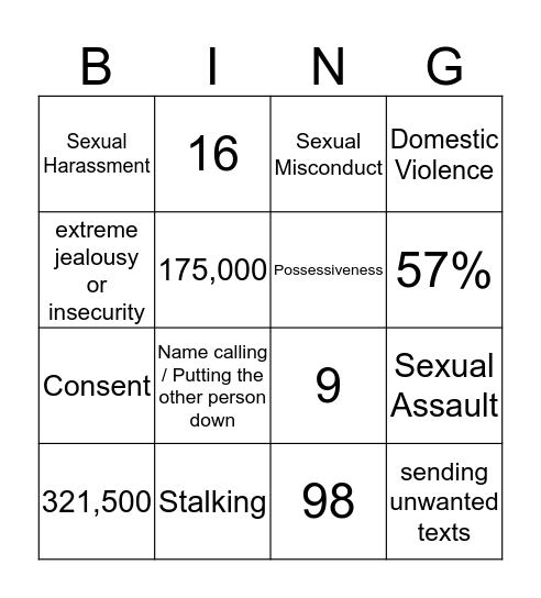 Sexual Assault Bingo Card