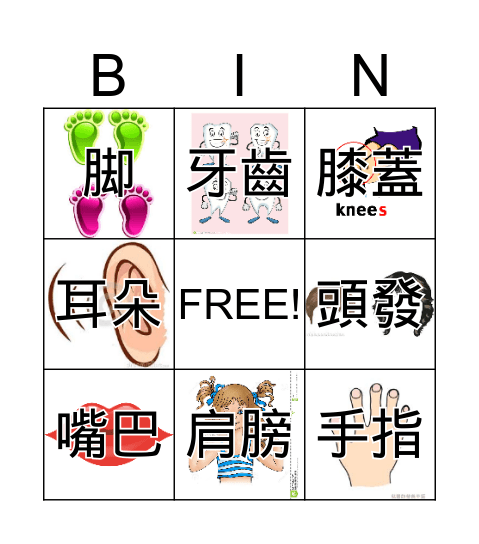 Body Parts Bingo Card