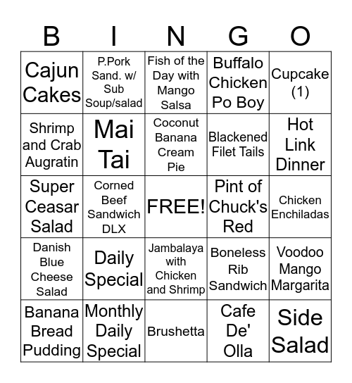 Menu Bingo Card