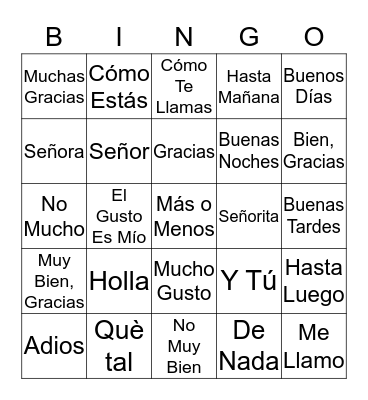 Spanish Vocab Bingo Card