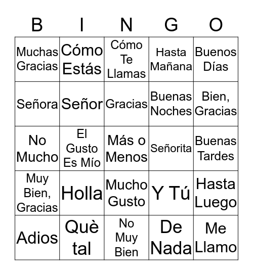 Spanish Vocab Bingo Card