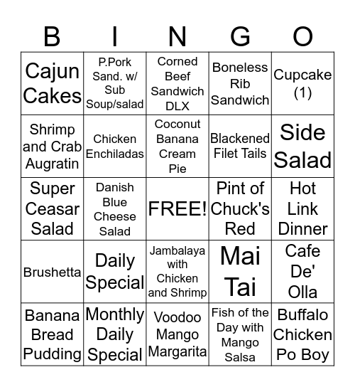 Menu Bingo Card