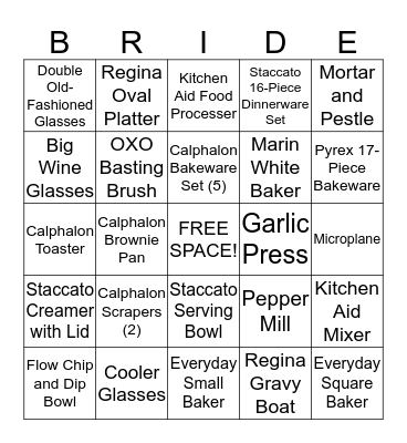 Kathleen's Bridal Shower Bingo Card