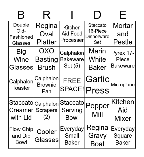 Kathleen's Bridal Shower Bingo Card