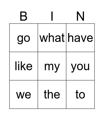 Sight Words Bingo Card