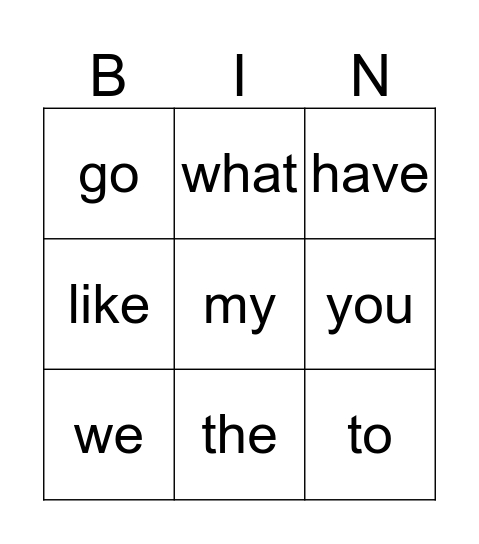 Sight Words Bingo Card