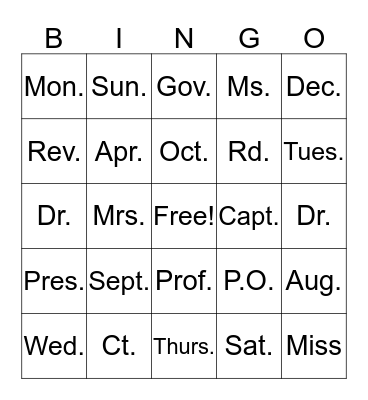 Abbreviations Bingo Card