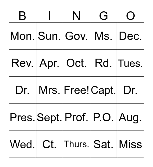 Abbreviations Bingo Card