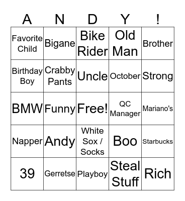 Andy's Big Birthday Bingo Card