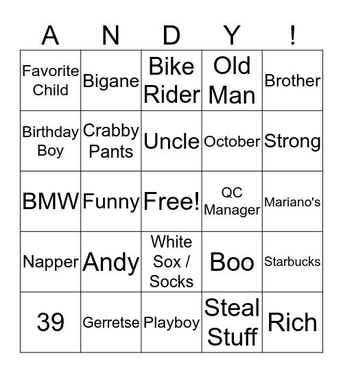 Andy's Big Birthday Bingo Card