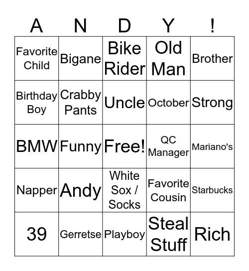 Andy's Big Birthday Bingo Card