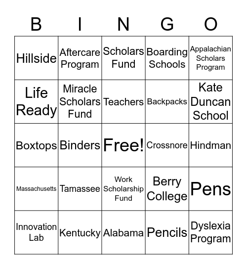 Mountain School Bingo Card