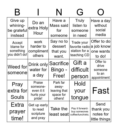 Sacrifice Bingo Card