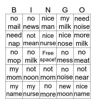 Two Word Nasal Bingo Card