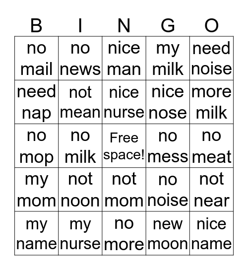 Two Word Nasal Bingo Card