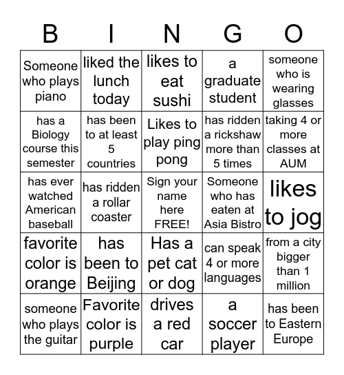 Cultural Bingo Card