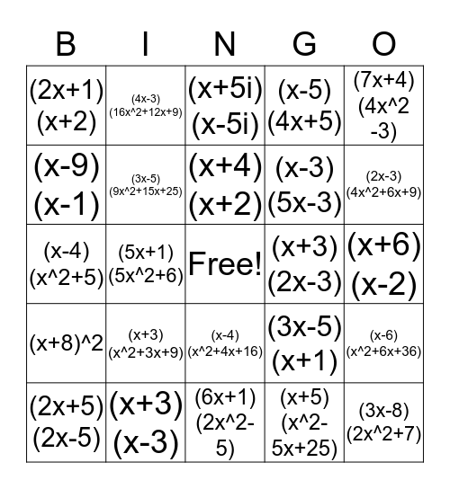 Factoring Polynomials Bingo Card