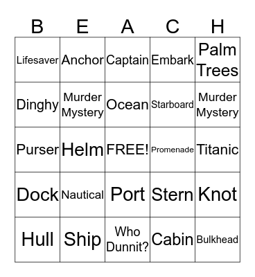 Cruise Bingo Card