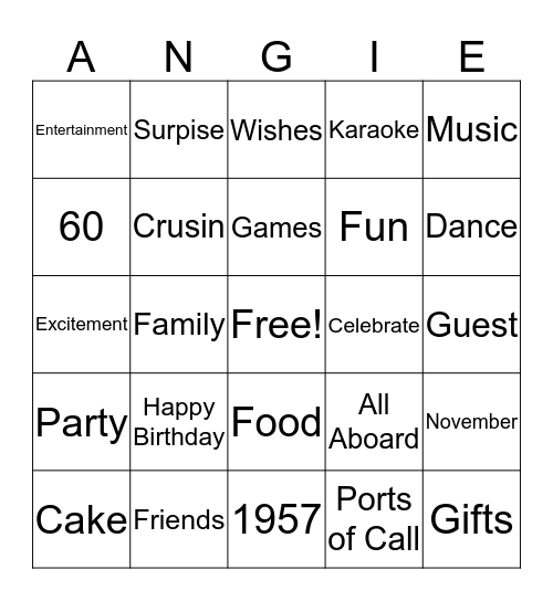 Angie's 60th Birthday Bingo Card