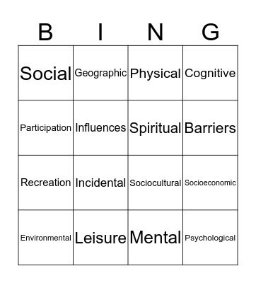Lifestyle, Leisure & Recreation Bingo Card