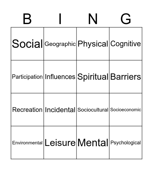 Lifestyle, Leisure & Recreation Bingo Card