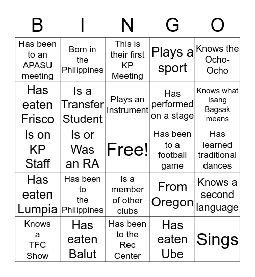 KP Bingo Card