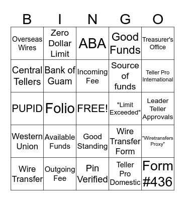 Wire Transfers Bingo Card