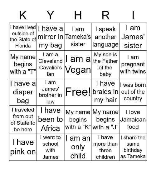 Tameka and James' Person Hunt  Bingo Card