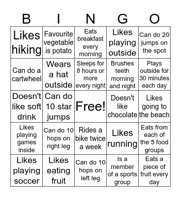 What does our body need to be healthy and safe?  Bingo Card