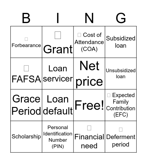 Paying For Higher Ed Bingo Card