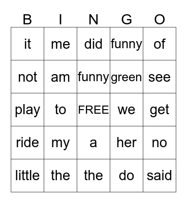 Sight Word Bingo Card