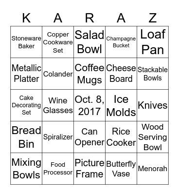 Kara's Bridal Shower Bingo Card
