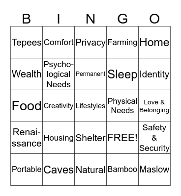 Housing Bingo Card