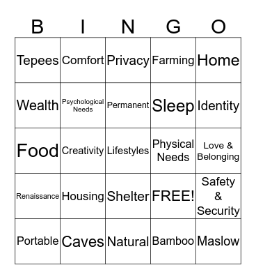 Housing Bingo Card