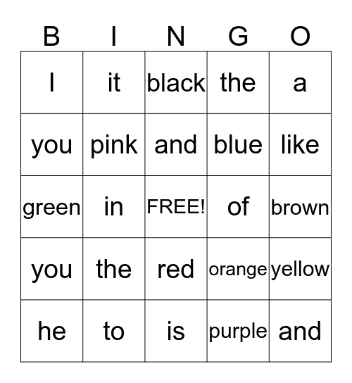 Sight Words Bingo Card