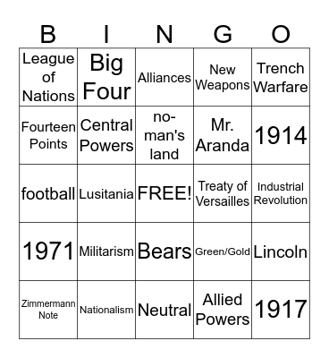 WWI Vocabulary Bingo Card