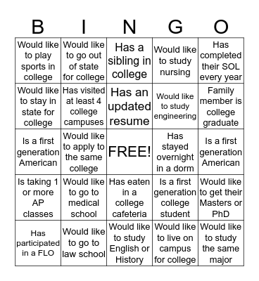 College Bingo Card