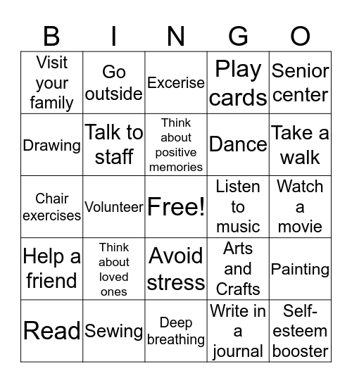 Healthy Lifestyles Bingo Card